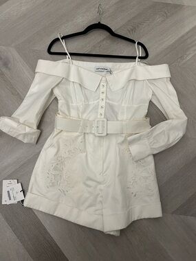 Self-Portrait White Off-Shoulder Embroidered Belted Romper